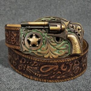 Justin Western Belt Mens 40 Brown Tooled Leather Revolver Sheriff Buckle C11878